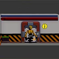 Yellow Robot In Room With LEVEL Sign Blue Glowing Object Warning Stripes And Door 1