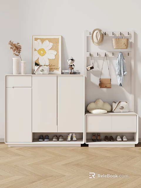 Modern White Shoe Cabinet With Storage Coat Rack Hats Bags And Shoes 3d model 