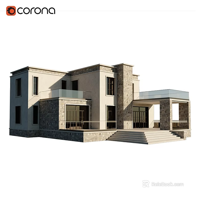 Modern Two Story House Exterior With Stone Wall Glass Railing Balcony And Steps 3d model 
