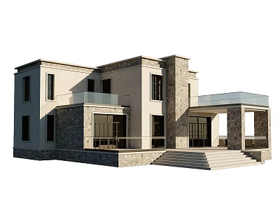Modern Two Story House Exterior With Stone Wall Glass Railing Balcony And Steps 3d model
