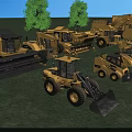 Different Types of Yellow Construction Vehicles on Green Grass Field with Trees
