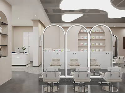 Modern Beauty Salon Interior Design With Stylish Mirrors Comfortable Chairs And Product Shelves 3d model