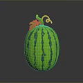 Ripe Green Striped Watermelon With Fresh Vine And Leaves On Top