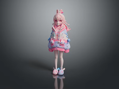 Cute Game And Movie Character With Pink Hair Rabbit Ears Blue Pink Hoodie Star Decorations 3d model