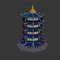 Ancient Chinese Tower With Blue Roof Golden Top And Multi Story Curved Eaves