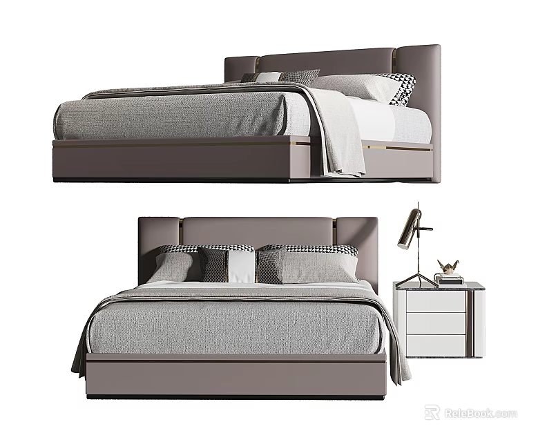 Modern Gray Upholstered Double Bed With Pillows Sheets And Nightstand Lamp 3d model