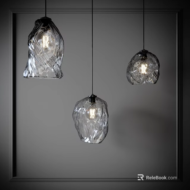Three Modern Textured Glass Pendant Lights Hanging In Contemporary Interior 3d model 