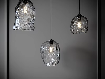 Three Modern Textured Glass Pendant Lights Hanging In Contemporary Interior 3d model
