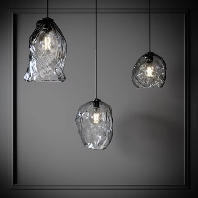 Three Modern Textured Glass Pendant Lights Hanging In Contemporary Interior 3d model
