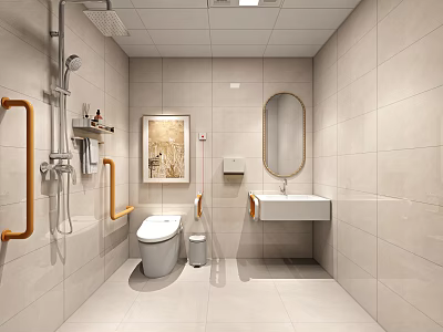 Clean Other Bathroom With Toilet Sink Mirror Shower Grab Bars And Light Colored Tiles 3d model