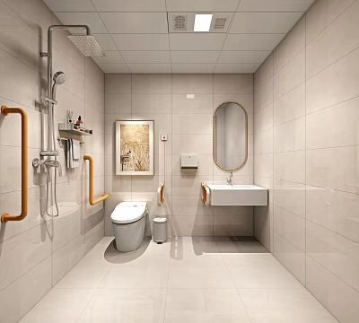 Clean Other Bathroom With Toilet Sink Mirror Shower Grab Bars And Light Colored Tiles 3d model