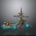 Model Ship Display Scene With Wooden Mast Sails Blue Wave Base And Cannon Barrel