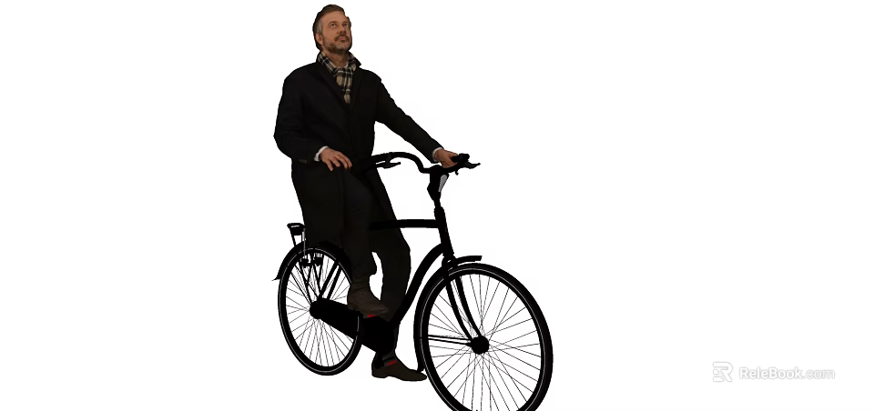 Man Riding Classic Black Bicycle Wearing Long Black Coat And Scarf 3d model 