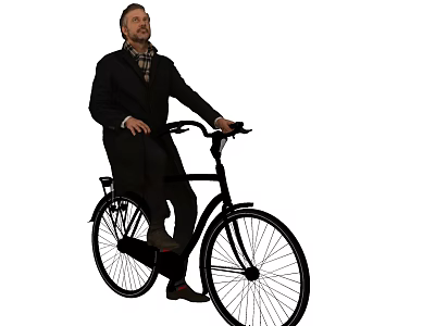 Man Riding Classic Black Bicycle Wearing Long Black Coat And Scarf 3d model