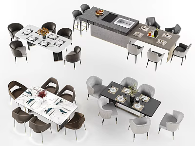Modern Dining Table Set With Black Gray Chairs And Decorative Centerpieces 3d model