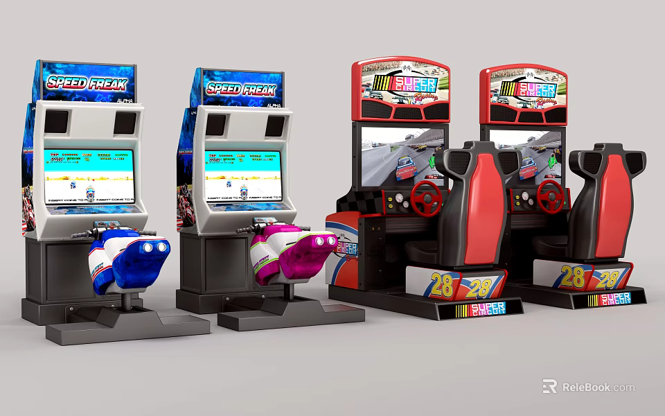 Multiple Racing Themed Colorful Arcade Entertainment Machines With Steering Wheels And Seats 3d model 