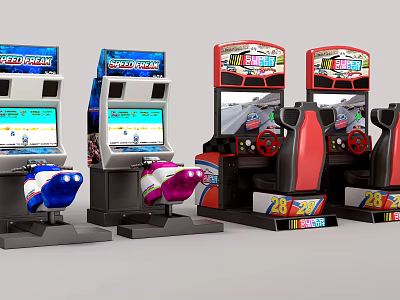 Multiple Racing Themed Colorful Arcade Entertainment Machines With Steering Wheels And Seats 3d model