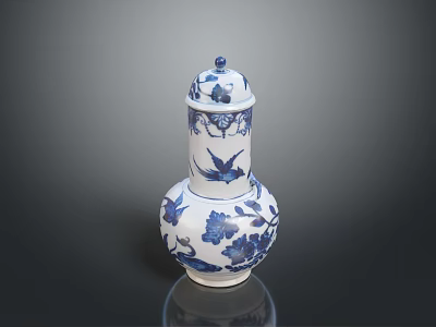 Exquisite Hand Carved Ceramic Sculpture Vase With Blue White Floral Bird Patterns And Lid 3d model