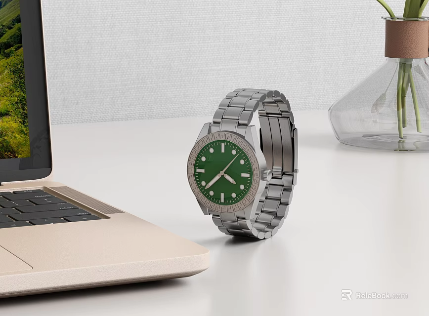 Stylish Wristwatch With Silver Metal Strap Green Dial On White Desk Beside Laptop And Vase 3d model 