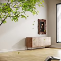 Vintage Portrait Painting In Ornate Carved Frame Hanging On Wall With Wooden Cabinet And Blinds