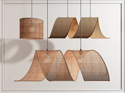 Modern Woven Pendant Lights With Natural Brown Cylindrical And Wavy Designs 3d model