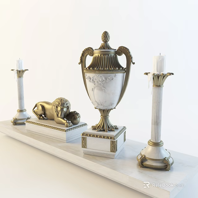 Ornate Ceramic Vase With Classical Lion Statue And Marble Candle Holders 3d model
