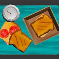 Delicious Grilled Sandwiches With Orange Drink On Blue Tray And Ketchup Packet