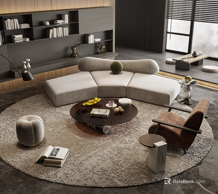 Modern Curved Sofa and Coffee Table Set in Living Room with Fruit Books and Decor 3d model