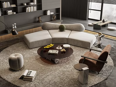 Modern Curved Sofa and Coffee Table Set in Living Room with Fruit Books and Decor 3d model