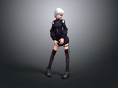 3D Character With White Hair Black Cut Out Dress Thigh High Socks Black Boots 3d model