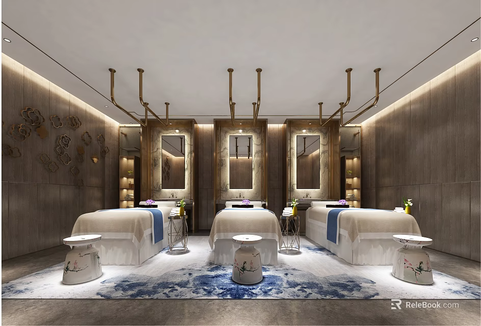 Serene SPA Sauna Interior With Three Massage Beds Mirrors And Relaxing Ambient Lighting 3d model 