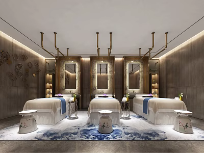 Serene SPA Sauna Interior With Three Massage Beds Mirrors And Relaxing Ambient Lighting 3d model