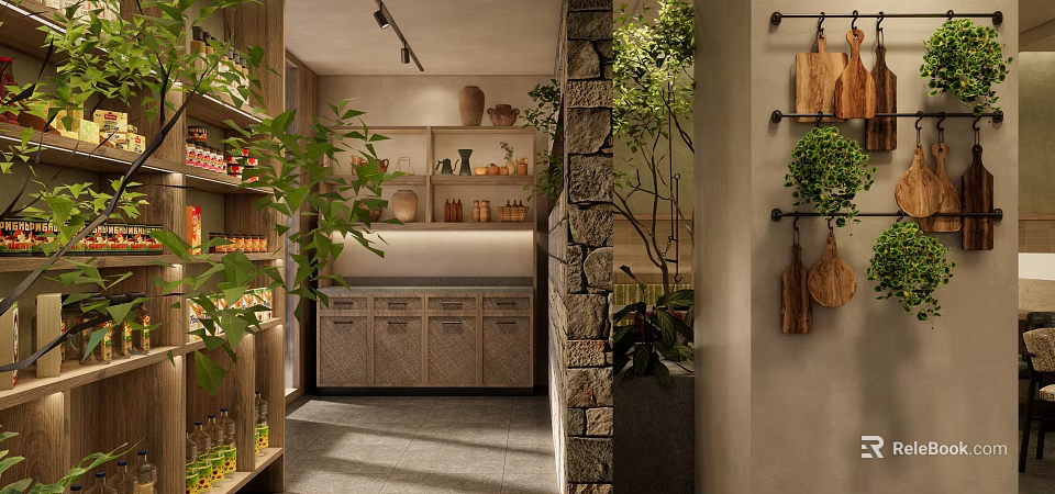 Modern Restaurant Interior With Natural Plants Stone Wall And Wooden Shelves 3d model 