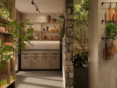 Modern Restaurant Interior With Natural Plants Stone Wall And Wooden Shelves 3d model