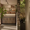 Modern Restaurant Interior With Natural Plants Stone Wall And Wooden Shelves