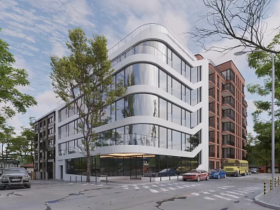 Modern Multi Storey Office Building With Glass Facade Street Trees And Parked Cars 3d model