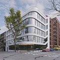Modern Multi Storey Office Building With Glass Facade Street Trees And Parked Cars
