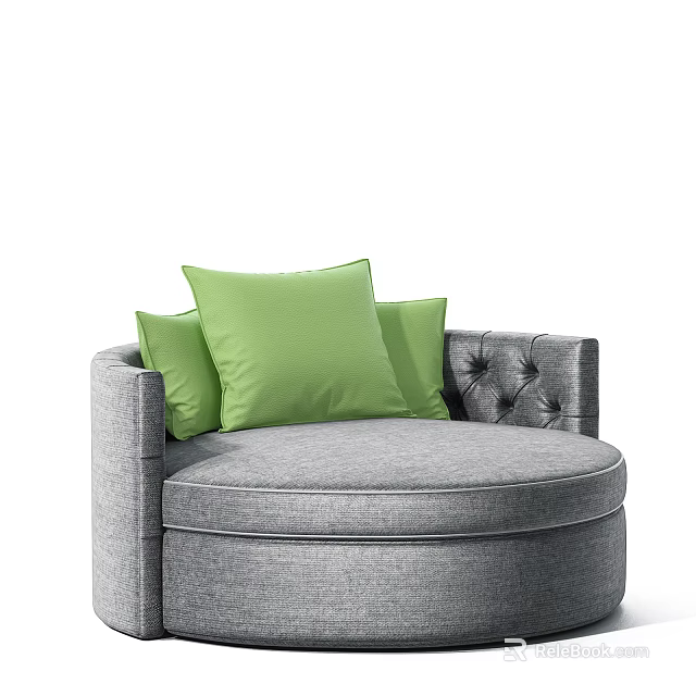 Grey Round Single Sofa With Green Cushions And Tufted Back Design 3d model