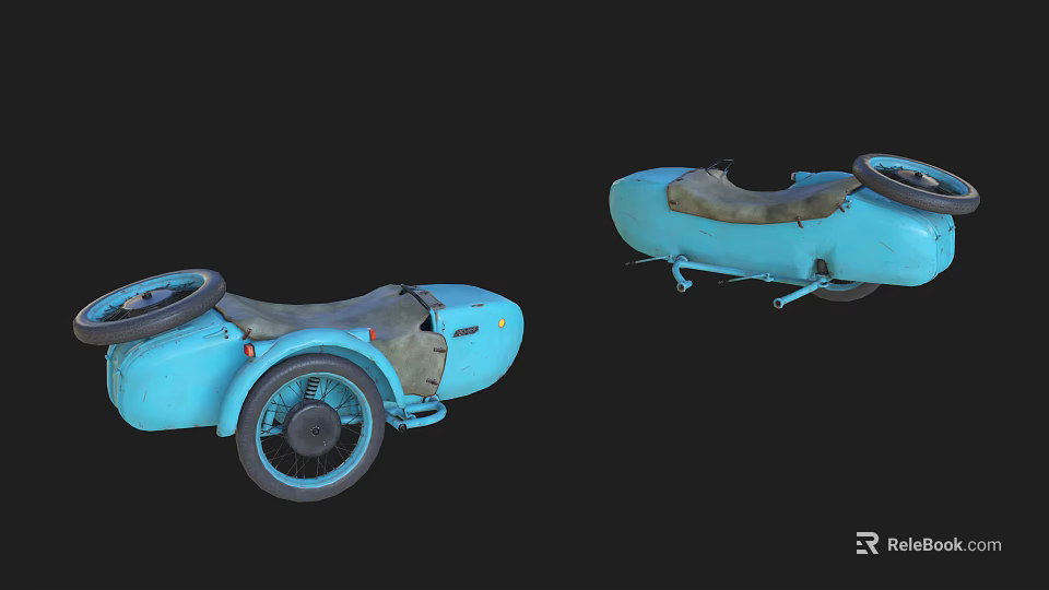 Classic Blue Motorcycle With Sidecar And Leather Seat Retro Design 3d model 