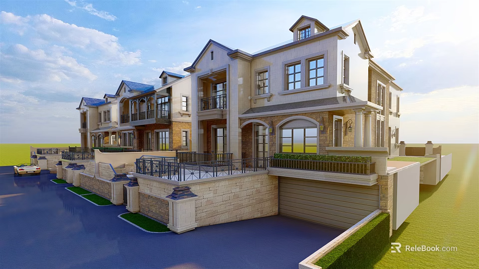 Modern Townhouse Exterior Architecture With Stone Facade Balcony Garage And Lawn 3d model 