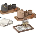 Stylish Tea Sets With Teapot Teacups On Wooden Trays And Glass Pitcher