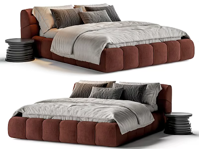 Comfortable Double Bed With Brown Upholstered Frame Gray Sheets Pillows And Round Side Table 3d model