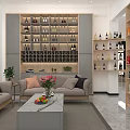Modern Lounge Area With Comfortable Sofas Coffee Table Fresh Fruit Flowers Potted Plants Wine Racks And Shelves