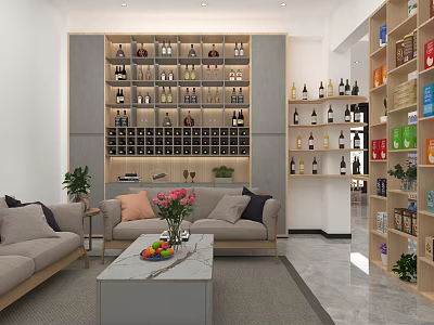 Modern Lounge Area With Comfortable Sofas Coffee Table Fresh Fruit Flowers Potted Plants Wine Racks And Shelves 3d model