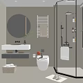 Modern Bathroom Interior With Round Mirror Wall Mounted Sink And Glass Shower Enclosure
