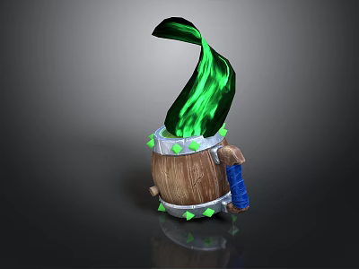 Wooden Barrel Decorative Item With Green Flame Metal Ring Green Spikes And Blue Handle 3d model