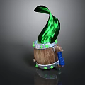 Wooden Barrel Decorative Item With Green Flame Metal Ring Green Spikes And Blue Handle