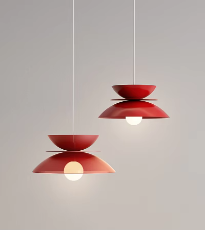 Two Red Modern Pendant Lights With Bowl Shaped Shades And Illuminated Design 3d model
