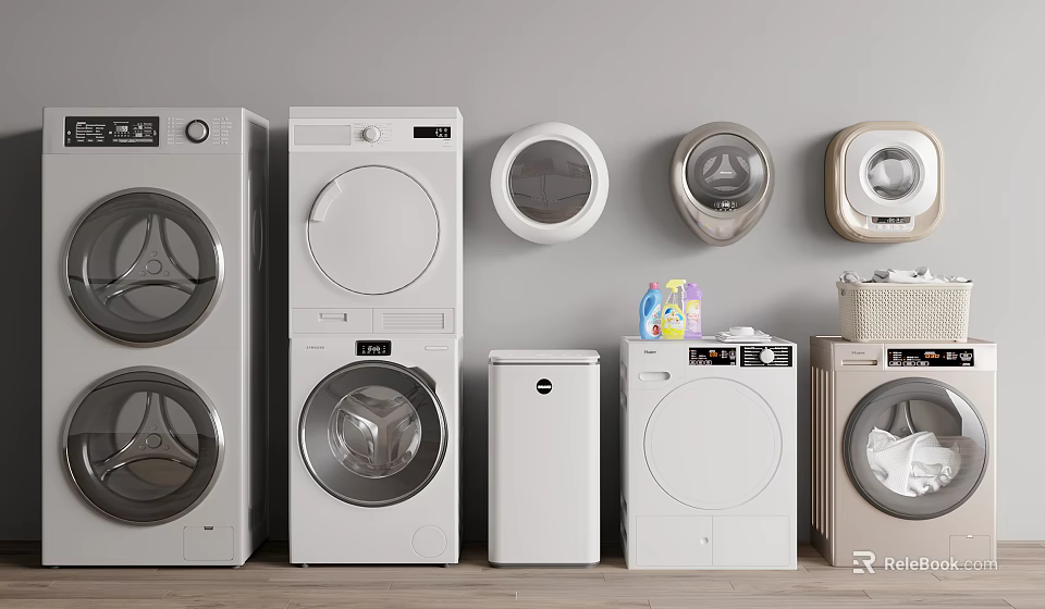 Various Styles of Modern Washing Machines With Front Load Top Load Models And Laundry Supplies 3d model 