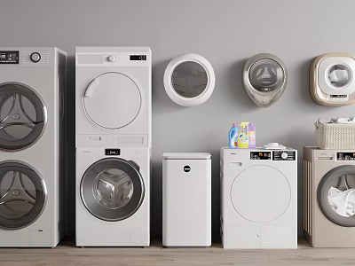 Various Styles of Modern Washing Machines With Front Load Top Load Models And Laundry Supplies 3d model